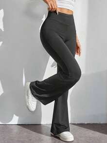 Pantalones con cintura alta de color liso y corte acampanado - Gris Oscuro - Ver 7