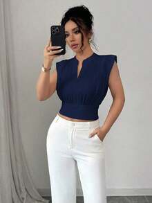 Nueva camiseta sin mangas ajustada para mujer con cuello alto de punto, media cremallera frontal y estilo informal - Azul marino - Ver 1
