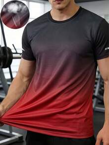 1pc Men's Ombre Color Breathable Elastic Sports Short Sleeve T-Shirt, Suitable For Running, Training, Fitness In Spring/Summer - Red - View 3