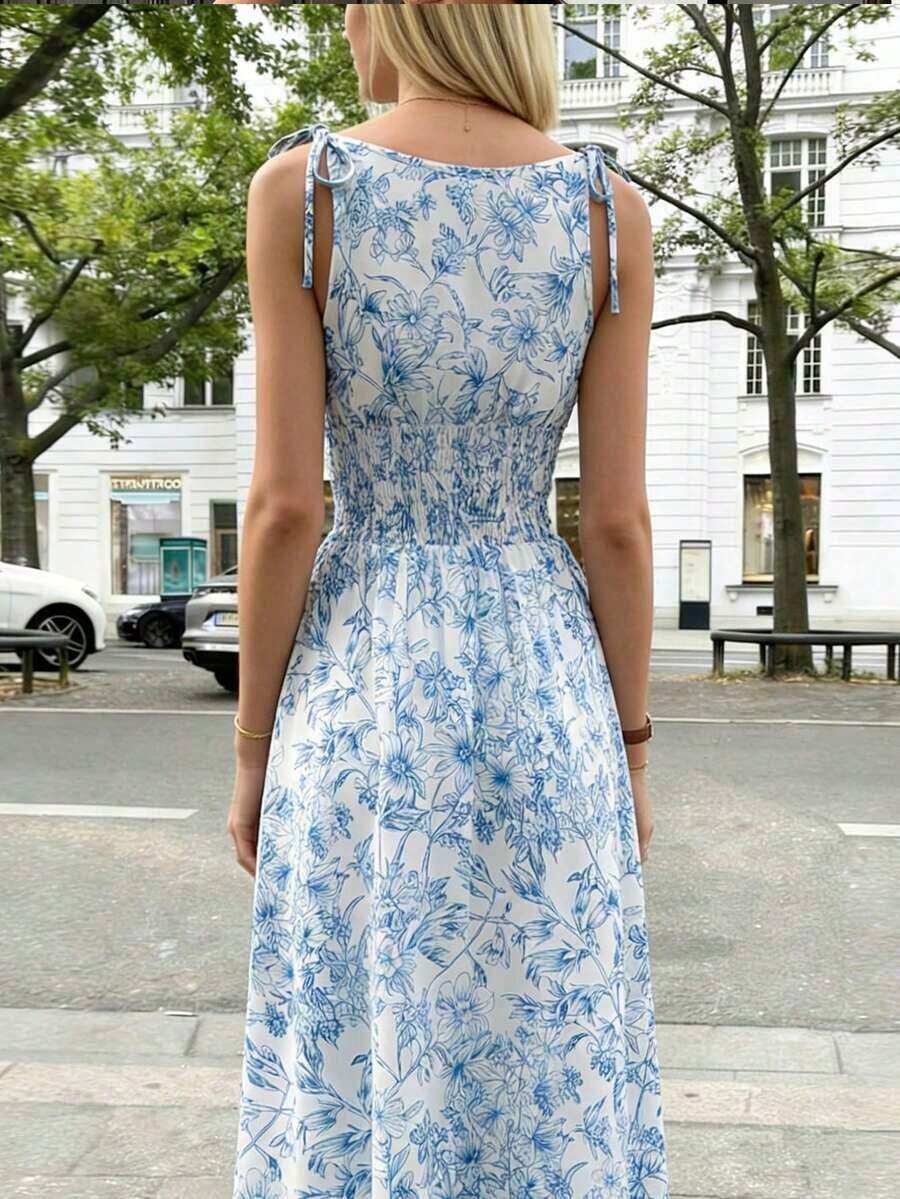 Vestido maxi a cuadros marrones 2026 para mujer, con tirantes de lazo y cintura fruncida con volantes, estilo minimalista casual y perfecto para vacaciones y uso diario - Azul y blanco - Ver 1