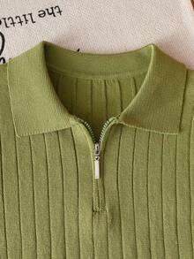 Boys' Solid Color Cable Knit Short Sleeve Half Zip Lightweight Sweater, Suitable For School, Daily Wear In Spring, Summer And Autumn - Green - View 3