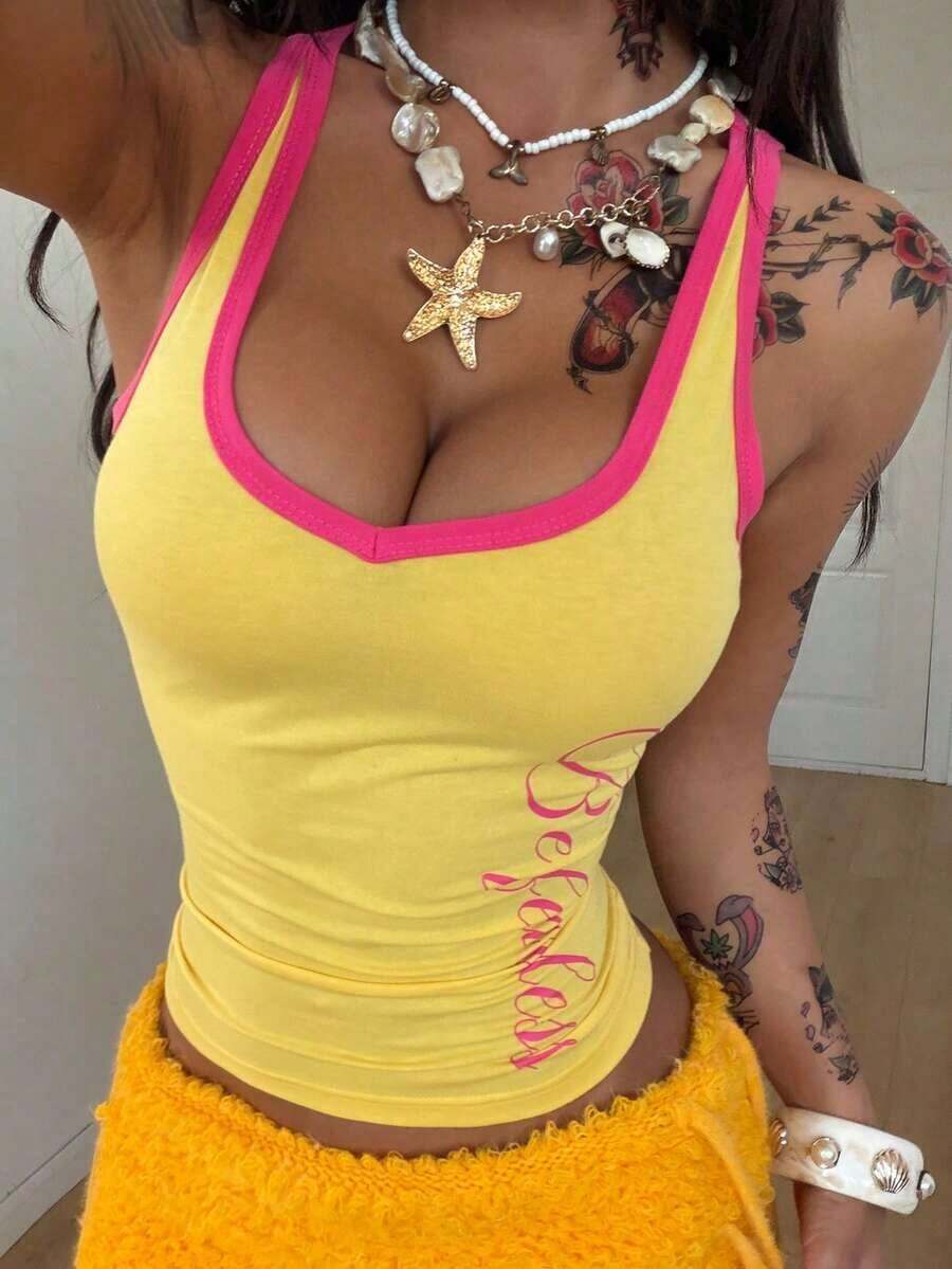 Camiseta de punto de verano con cuello en V gris, cómoda y elegante, con encaje de contraste, para salir y vacaciones - Amarillo - Ver 1