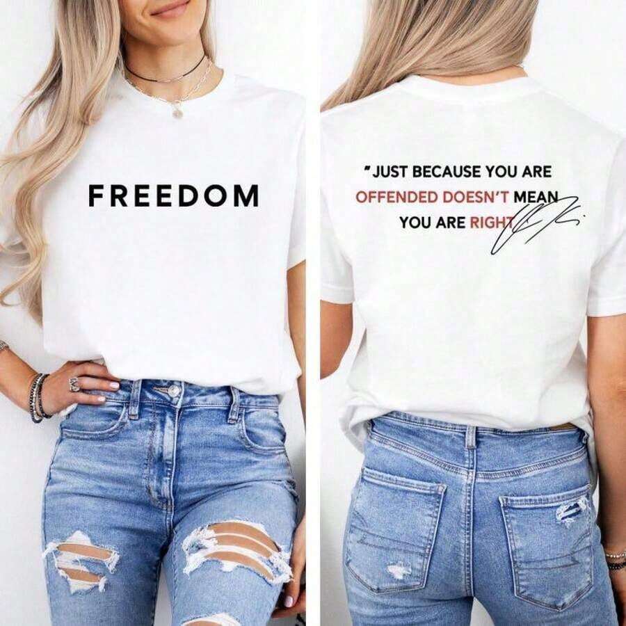 Camisetas Premium Casuales Unisex Bonitas [100% Algodón] Camiseta 'Justicia Para, Libertad', Frases de Charlie, Solo Porque Estás Ofendido No Significa Que Tengas Derecho, Camiseta Patriótica de EE.UU. - Ropa Diaria Unisex para Mujeres y Hombres para Festivales - Blanco - Ver 1