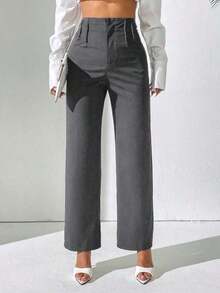 PETITE Pantalones rectos de uso casual diario de unicolor para damas - Gris Oscuro - Ver 12