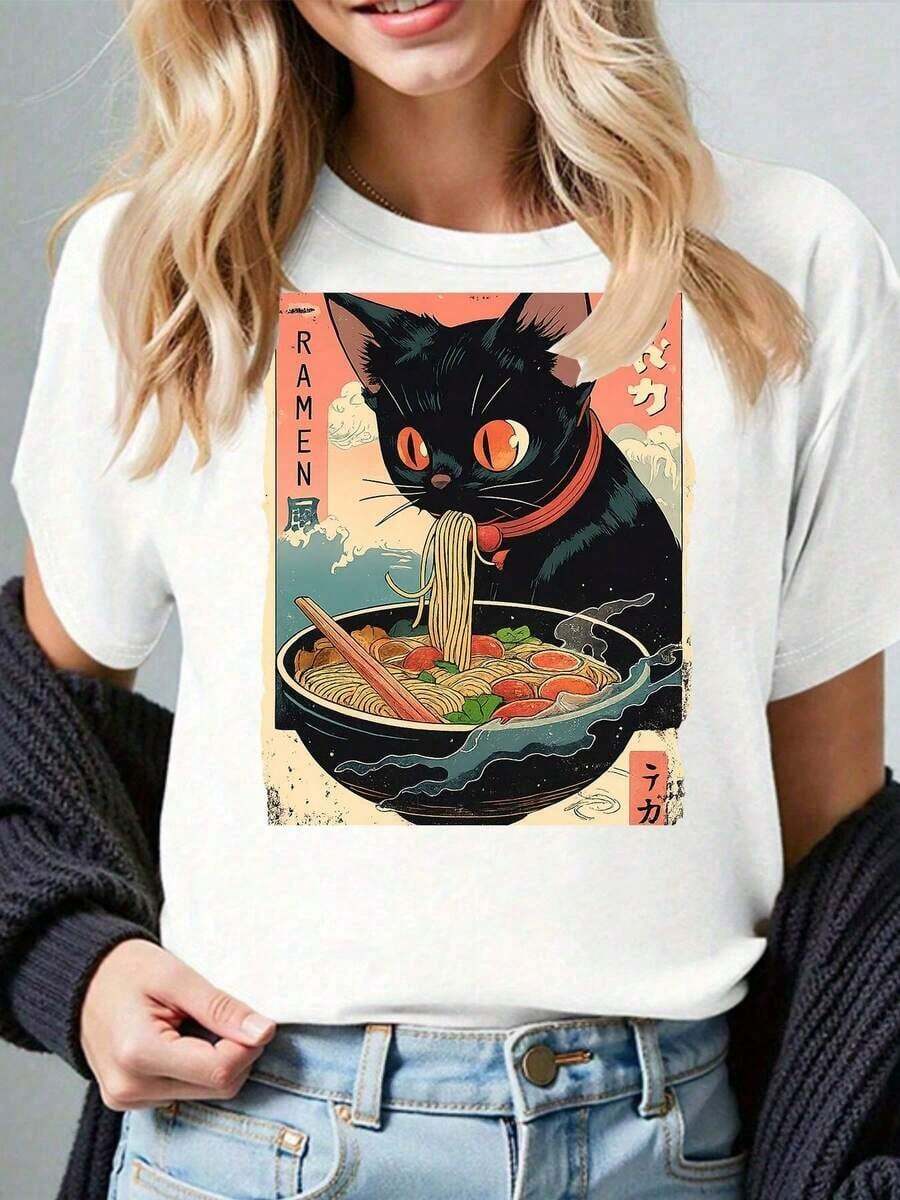 Ramen Cat: A Whiskered Delight In A Bowl Of Noodles, Women's T-Shirt In Black, Gray, White, Light White, Dark Red. - 白色 - 查看 1