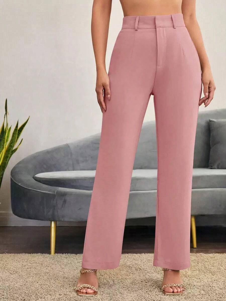 Pantalones rectos casuales lisos para mujer, para uso diario en otoño/invierno - Rosa vieja - Ver 1