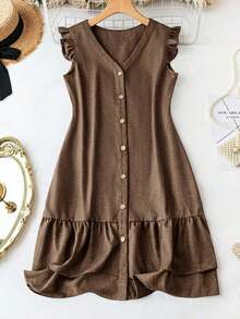 Vestido casual de color liso con mangas cortas para mujer, casual - Marrón Mocha - Ver 1