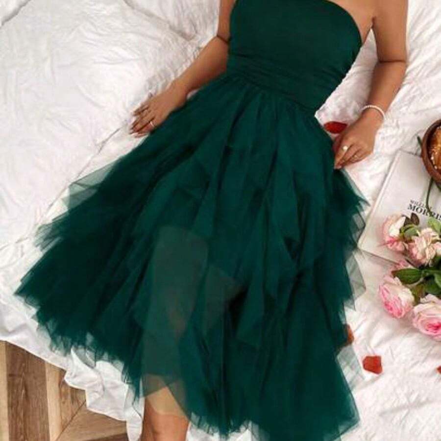 Raffinéa Women's Solid Color Mesh Panel Strapless Dress Maxi Women Outfit - Verde Oscuro - Ver 1