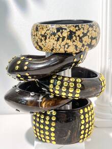 1 pieza Brazalete de estilo barroco vintage con incrustaciones de diamante de imitación exagerado, brazalete de textura de madera abierto con decoración de remaches de estrella de varios elementos - Multicolor D - Ver 3