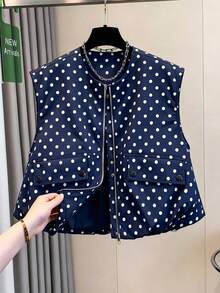 Chaleco corto sin mangas para mujer, blusa sin mangas con lunares y cuello redondo minimalista, diseño de dobladillo con volantes romántico, forrada, blusa versátil para primavera y verano - Multicolor - Ver 3