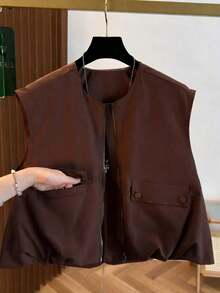 Chaleco corto sin mangas para mujer, con dobladillo de burbuja de unicolor fresco de otoño, cuello redondo con cremallera, de moda y versátil, ajustado negro de verano - Café integral - Ver 2