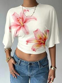 Blusa de verano para mujer con diseño de manga murciélago, cuello redondo, fruncido y estampado floral de tinte de agua en tonos cálidos, ideal para playa/vacaciones, un look casual, minimalista y elegante - Multicolor - Ver 3