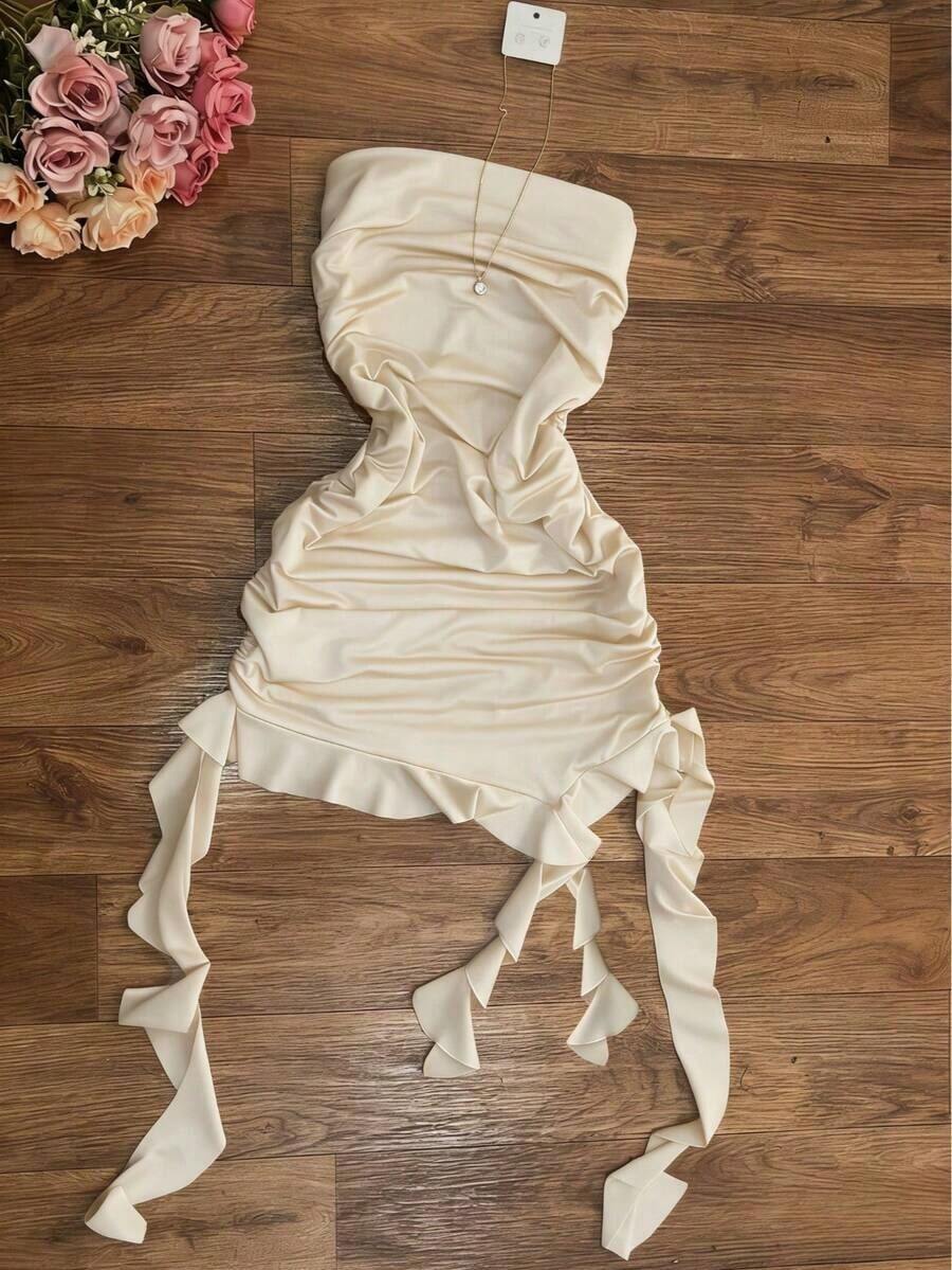 Elegante vestido ajustado de color vino tinto con cuello halter, con diseño asimétrico y fluido, perfecto para fiestas, vacaciones en la playa, festivales de música, salidas y citas, vestido ajustado de verano para mujer, vestido de fiesta para mujer - Albaricoque - Ver 1