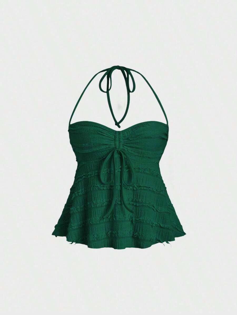 Top de tirantes con cuello halter y pliegues en Y2K - verde oscuro - Ver 1