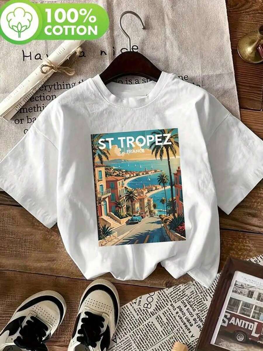 Camiseta con estampado gráfico, top casual de cuello redondo de manga cortara verano y primavera, ropa de mujer