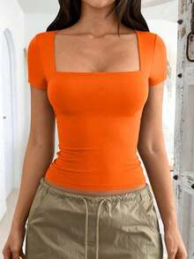 Camiseta de manga corta ajustada y sexy con cuello cuadrado de punto de unicolor para mujer Vaiaye, top de activewear para primavera/verano, adecuado para el Día de San Valentín en color rojo casual - Naranja - Ver 9