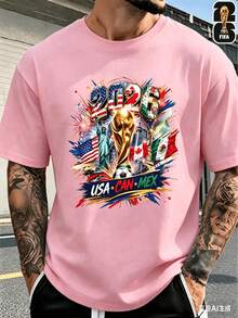 [FIFA World Cup Licensed]2026 USA-Canada-Mexico World Cup Football Pattern T-Shirt, 180g 100% Cotton, Round Neck, Comfortable Casual Sports T-Shirt Fo - 粉色 - 查看 1