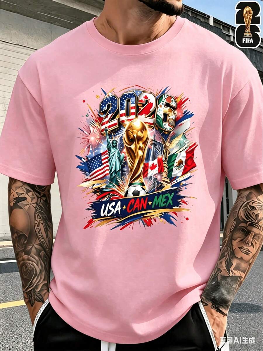[FIFA World Cup Licensed]2026 USA-Canada-Mexico World Cup Football Pattern T-Shirt, 180g 100% Cotton, Round Neck, Comfortable Casual Sports T-Shirt Fo - 粉色 - 查看 1