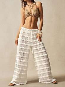Ropa de abrigo de estilo bohemio para otoño/invierno, pantalones anchos de cintura alta con volantes de encaje de unicolor de estilo casual de vacaciones para mujeres, casual para playa, vacaciones, estilo country occidental, conciertos, adecuado para vacaciones, uso diario, regreso a la escuela, Halloween, Navidad - Blanco - Ver 6