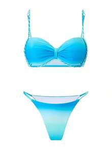 Costavie Conjunto de 3 piezas de bikini para mujer con vestido largo calado, estampado de teñido anudado multicolor, tirantes trenzados y cordones laterales, para primavera/verano 2026 - Azul - Ver 6