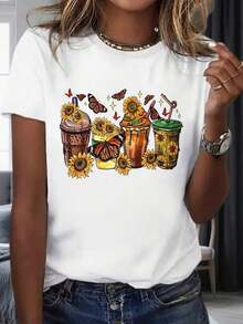 Camiseta con estampado de girasol, taza de café y mariposa de verano para mujer, top casual de moda, ropa para fiestas y vacaciones, 220mg, adecuada para primavera, verano y otoño. - Blanco - Ver 7