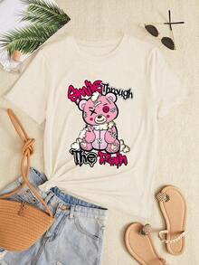 Camiseta casual de manga corta de ajuste ceñido para mujer, verano, ocio y cómoda, cuello redondo, estampado de "Sonríe a través del dolor" y oso, prenda de vestir de moda - Multicolor - Ver 6