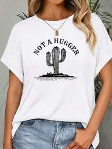 Camiseta de mujer 100% aodn con estampado retro drtido de cactus que e "No soy una abrazadora" - Blanco - Ver 2