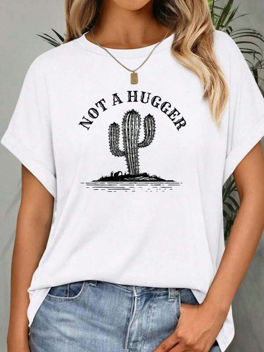 Camiseta de mujer 100% aod￳n con estampado retro drtido de cactus que e "No soy una abrazadora"