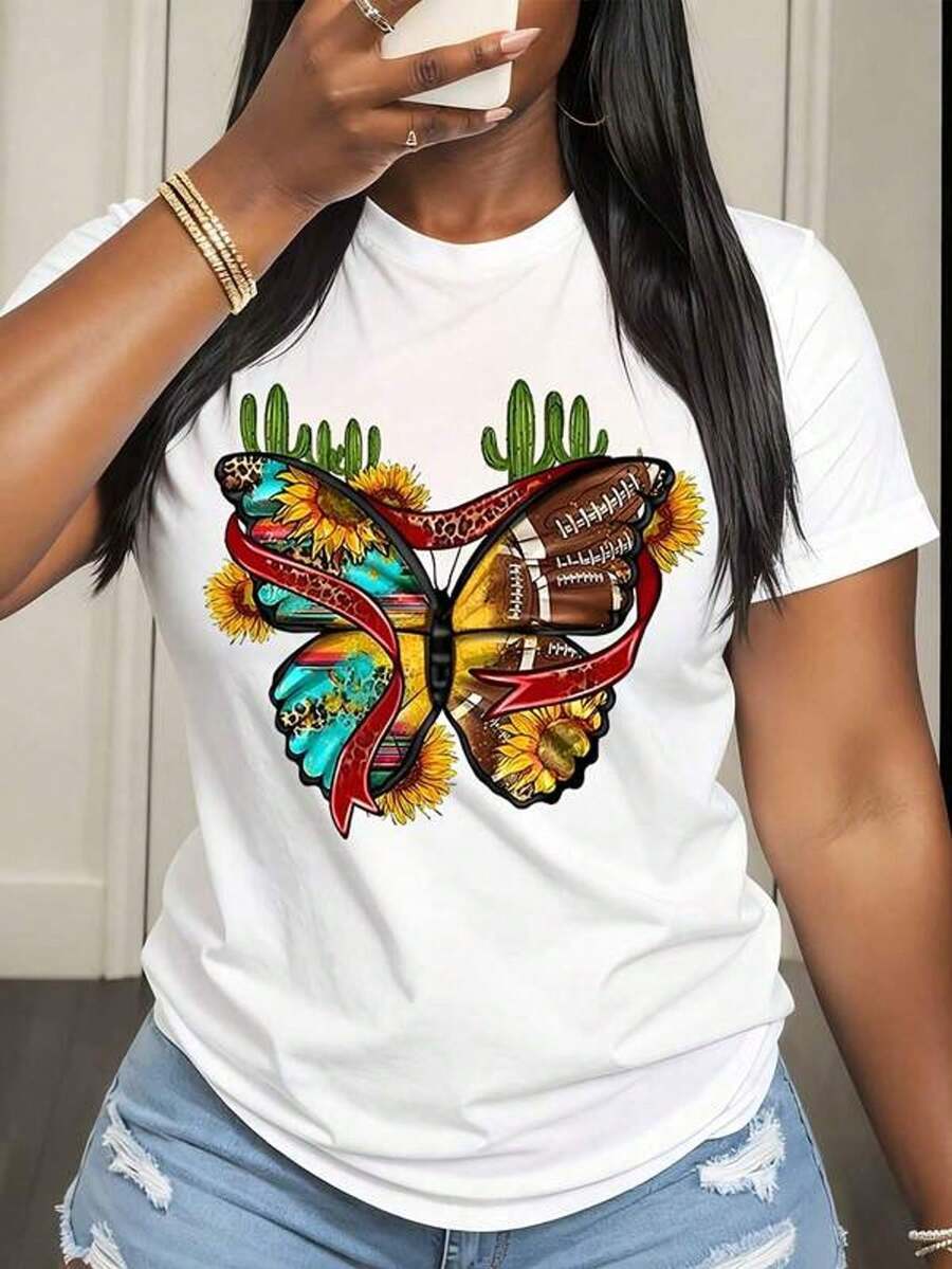 Camiseta casual de mujer con estampado de maosa, desierto, girasol y cactus para atuendos de verano