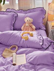3 piezas Juego de ropa de cama de gasa con volantes (1*Funda nórdica + 2*Fundas de almohada), Suave y cómodo, Adecuado para dormitorio, Gran regalo - Lila Púrpura - Ver 3