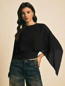 Blusa casual con cuello chal marrón para mujer, blusas elegantes para mujer, blusas casuales para mujer, apropiada para uso diario, salir, ir y venir en otoño/invierno, blusa de manga de murciélago, blusa marrón café, blusa marrón oscuro - Negro - Ver 5