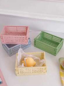 1pc Large Foldable Plastic Storage Basket, Desktop Foldable Storage Box, Student Stationery Organizer Shelf, Sundries Cosmetic Storage Basket, Stackable Small Basket - Multicolor - View 10