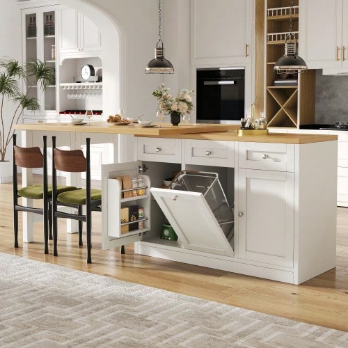 Extendable Bar Table With Storage, Folding Dining Table With Drawer And Snack Shelf, Sliding Bin Holder (Bin Not Included), Space-Saving Design Ideal For Small Apartments And Kitchens, White - White - View 3