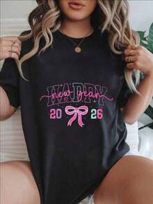 Feliz Año Nuevo 2026, Camiseta Casual de Mujer con Estampado de Lazo Rosa, Adecuada para Todas las Temporadas  
 Negro - Negro - Ver 1