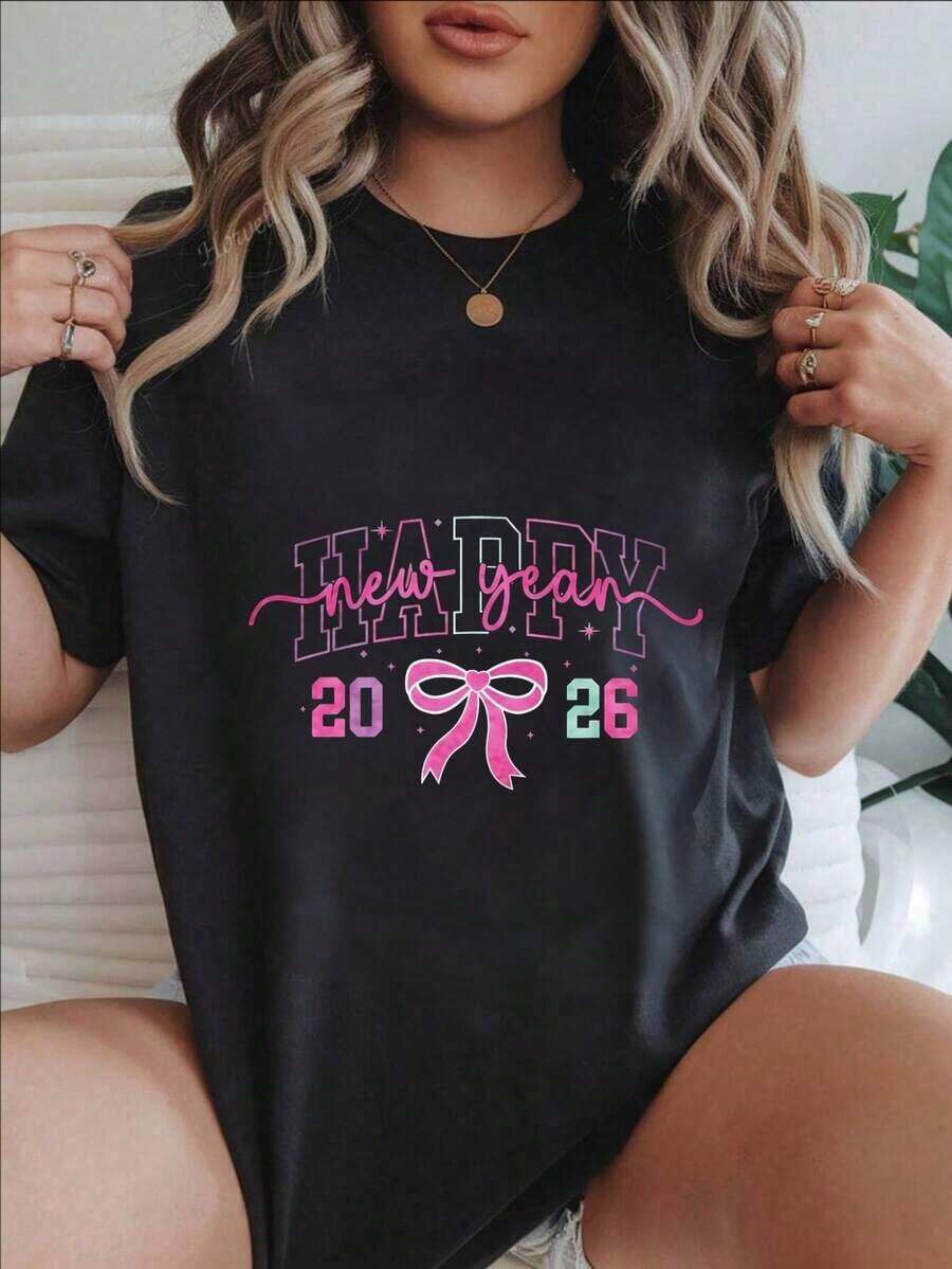 Feliz Año Nuevo 2026, Camiseta Casual de Mujer con Estampado de Lazo Rosa, Adecuada para Todas las Temporadas
Negro - Negro - Ver 1