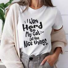 Camiseta de manga corta con diseño de gato divertido, Camiseta con la frase "Trabajo duro para que mi gato pueda tener cosas buenas", Camiseta para mamá de gato, Regalo para mamá de gato, Camiseta para amante de gatos, Regalo para dueño de gato. Camiseta de una pieza de manga corta con cuello barco y color sólido para mujer, adecuada para el verano, se combina con camisas estampadas, blusas de mujer y camisetas estampadas de manga corta. Ropa de Mujer - Ocio - Blanco - Ver 6