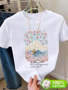 Ropa de mujer de talla grande,Camiseta de cuello redondo regular de uso diario con estampado gráfico casual para mujerPure-Cotton - Blanco - Ver 7