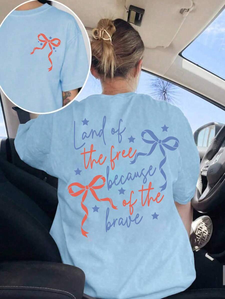 Camiseta oversize celeste de verano para mujer con estampado de lazo marino y estrellas de mar Camiseta casual celeste de manga corta con lazo marino, ideal para looks de playa y verano - YH372-Azul - Ver 1