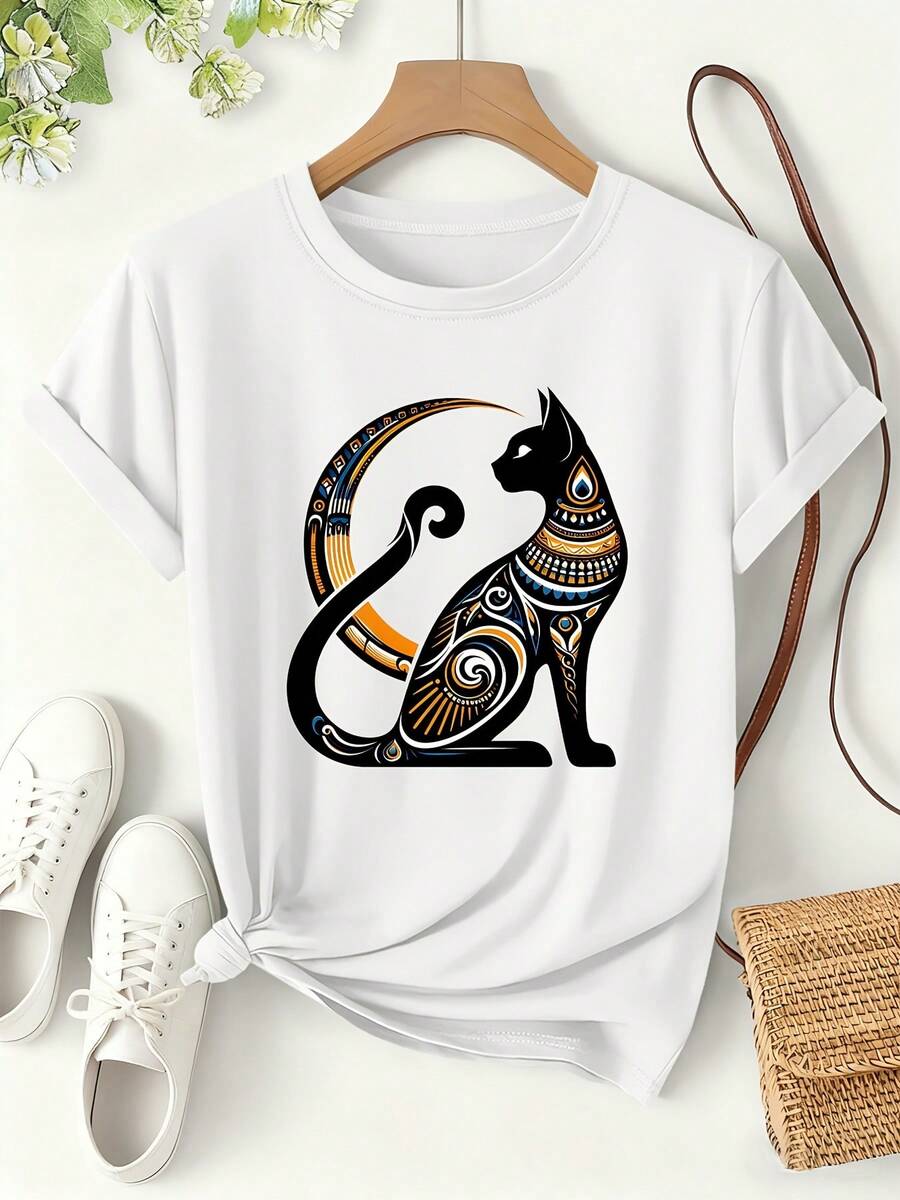 Women's T-Shirt With Cat And Egyptian Totem Print, Spring/Summer 2026, Exotic Short-Sleeved Style, Loose-Fitting Everyday Wear, Mysterious Totem-Themed Design, Fashionable And Versatile, Everyday Wear For Sweet Girls Or Students, Cool And Sweat-Free Summer Clothing, Elegant Party Outfit, T-Shirt For Elegant Ladies, Blouses Suitable For Curvy Women - 白色 - 查看 1