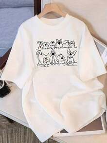 Women's Retro Apricot T-Shirt With A Fun Cartoon Dog Print - Loose-Fitting, Breathable, Short-Sleeved, Crew-Neck T-Shirt, Casual, Ideal For Spring/Autumn, Pet Lover's Outfit, Washable And Easy Care. Suitable For Spring, Summer, And Autumn. - 白色 - 查看 7