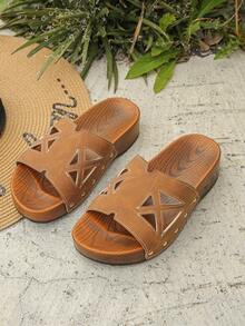 2026 Summer New Retro Distressed Faux Wood Grain Brown Thick Sole Casual Sandals, Rivet Decor Outdoor Fashion Platform Wedge Slippers, Matte Comfortable High Heel Slides For Daily, Vacation Wear - Brown Frosted - Geometric Cutout - View 6