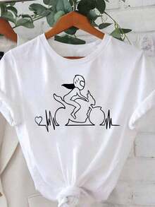 Camisetas de talla grande suaves y transpirables para mujer, de corte holgado y estilo casual, con estampado de patrón ECG de motocicleta. Camiseta de mujer de cuello redondo, estilo casual, para primavera/verano, de manga corta, transpirable y cómoda. - Blanco - Ver 11