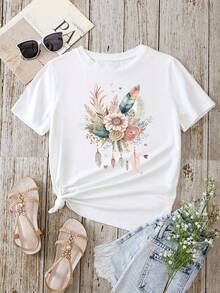 Camiseta con estampado de flores y plumas, camiseta casual de manga corta y cuello redondo para primavera y verano, ropa de mujer transpirable y cómoda. - Blanco - Ver 12