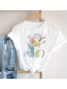 Camiseta Blanca de Algodón de Edición Limitada para Mujer - Corte Holgado, Manga Corta, Cuello Redondo con Estampado de Corazón, Lavable aáquina, Camiseta Casual y de para Primavera/Verano, Entrega Local, Camisetas para Mujer, Ropa de Verano, Diseño Gráfico Moderno, Camiseta Cómoda, Algodón Ligero - Blanco - Ver 9