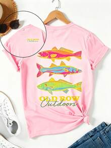 Men's Casual Summer Washed Cotton T-Shirt Old Row Outdoor Fish Print, Round Neck Short Sleeve Lightweight Knitted Fabric, Rib Details 100% Cotton - 純棉粉紅色 - 查看 7