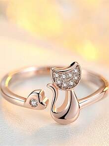 1pc Cute Cat Shaped Rhinestone Adjustable Open Ring, Minimalist Versatile, Suitable For Daily Wear, Gift For Friends - Open Ring - View 6