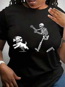 Halloween T-Shirt For Dogs, Gift For Dog Lovers, Funny Skeleton T-Shirt, Halloween Skeleton T-Shirt, Spooky T-Shirt, Spooky Seasonal T-Shirt, Retro Halloween T-Shirt. Loose, Casual, And Versatile T-Shirt, Y2K Style. - 黑色 - 查看 8