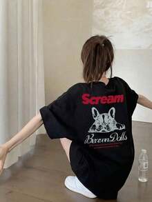 Camiseta de Verano para Mujer, Estilo Vintage Americano, con Estampado de Bulldog Francés, Corte Holgado, Versátil, Manga Corta, Blanca Casual - Negro - Ver 6
