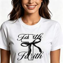 Tops para mujer de algodón de manga corta con cuello redondo y estampado de cruz para mujer, corte casual y ajuste regular. - Blanco - Ver 7