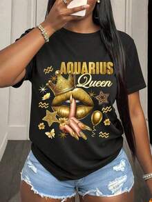 camiseta con gráfico del signo zodiacal Acuario, con gorra morada y diseño audaz para entusiastas de la astrología. Camiseta de moda para mujer con temática celestial y colores vibrantes, perfecta para uso diario y celebraciones zodiacales. 100% algodón suave. - Negro 5 - Ver 7